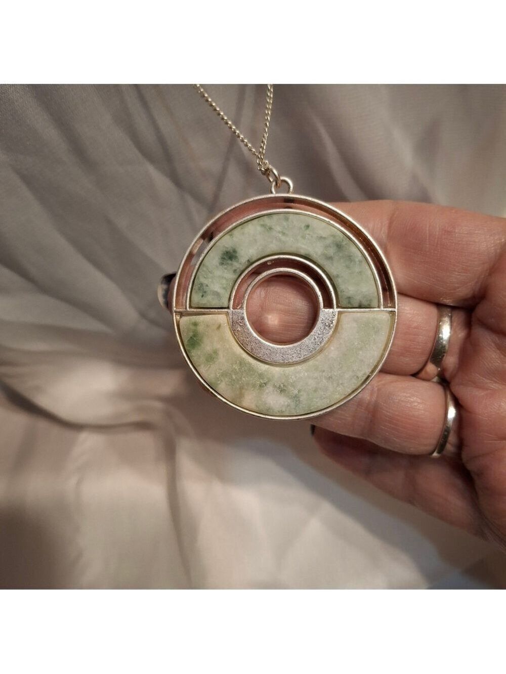Larimar Gemstone Disc Green and Silver Pendant 32" Necklace